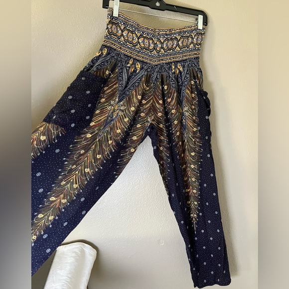 2 x $12 Happy Trunks Peacock Print Harem Boho Pants Navy Orange Size L - Picture 5 of 15